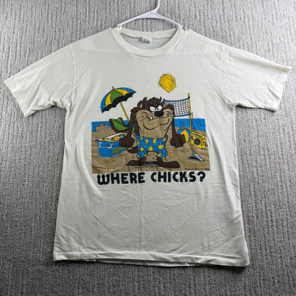 Vintage 1986 Looney Tunes Taz Where Chicks? Graphic T-Shirt Mens Size L White